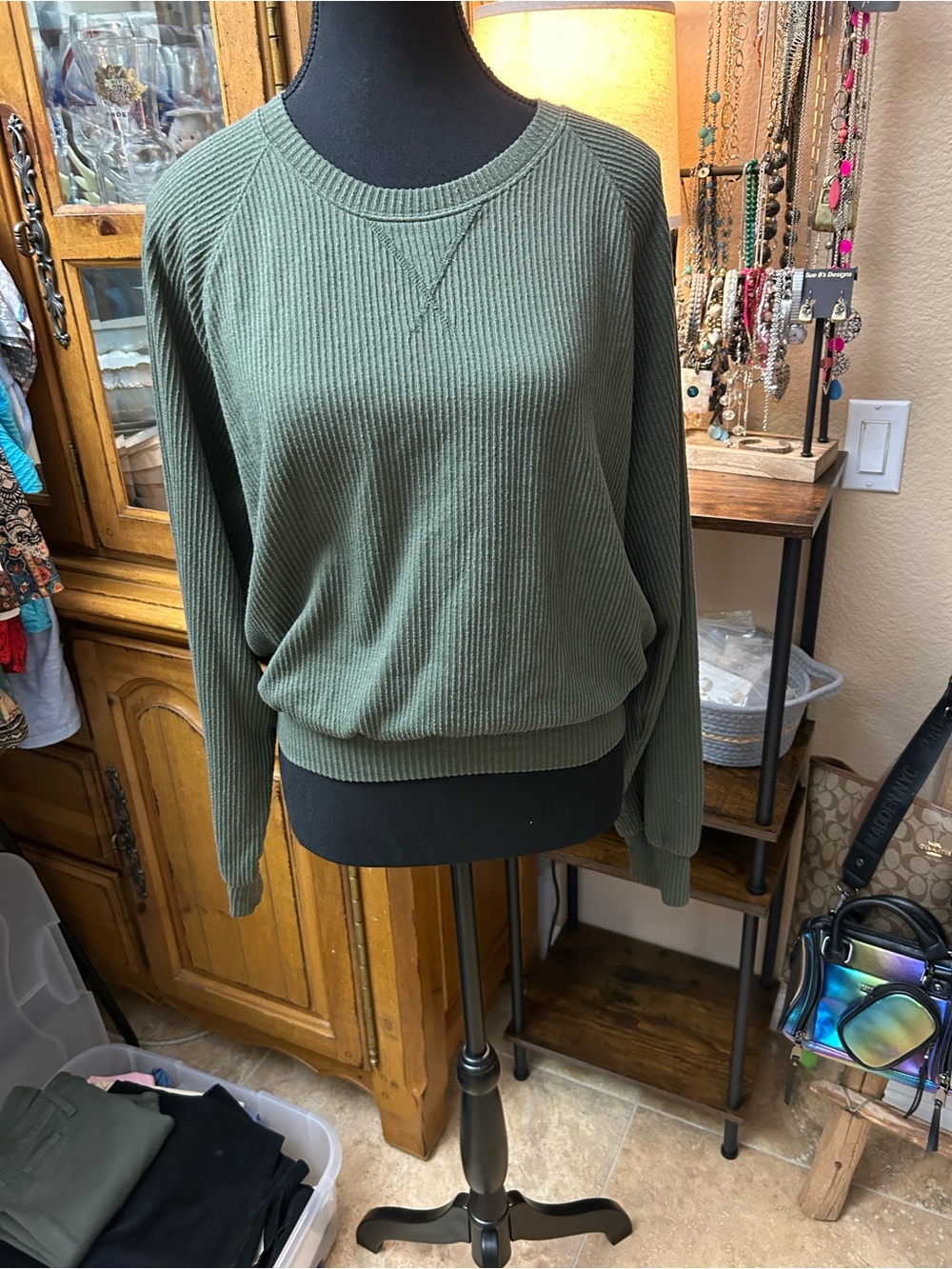 Hollister Olive Ribbed Crewneck Sweater